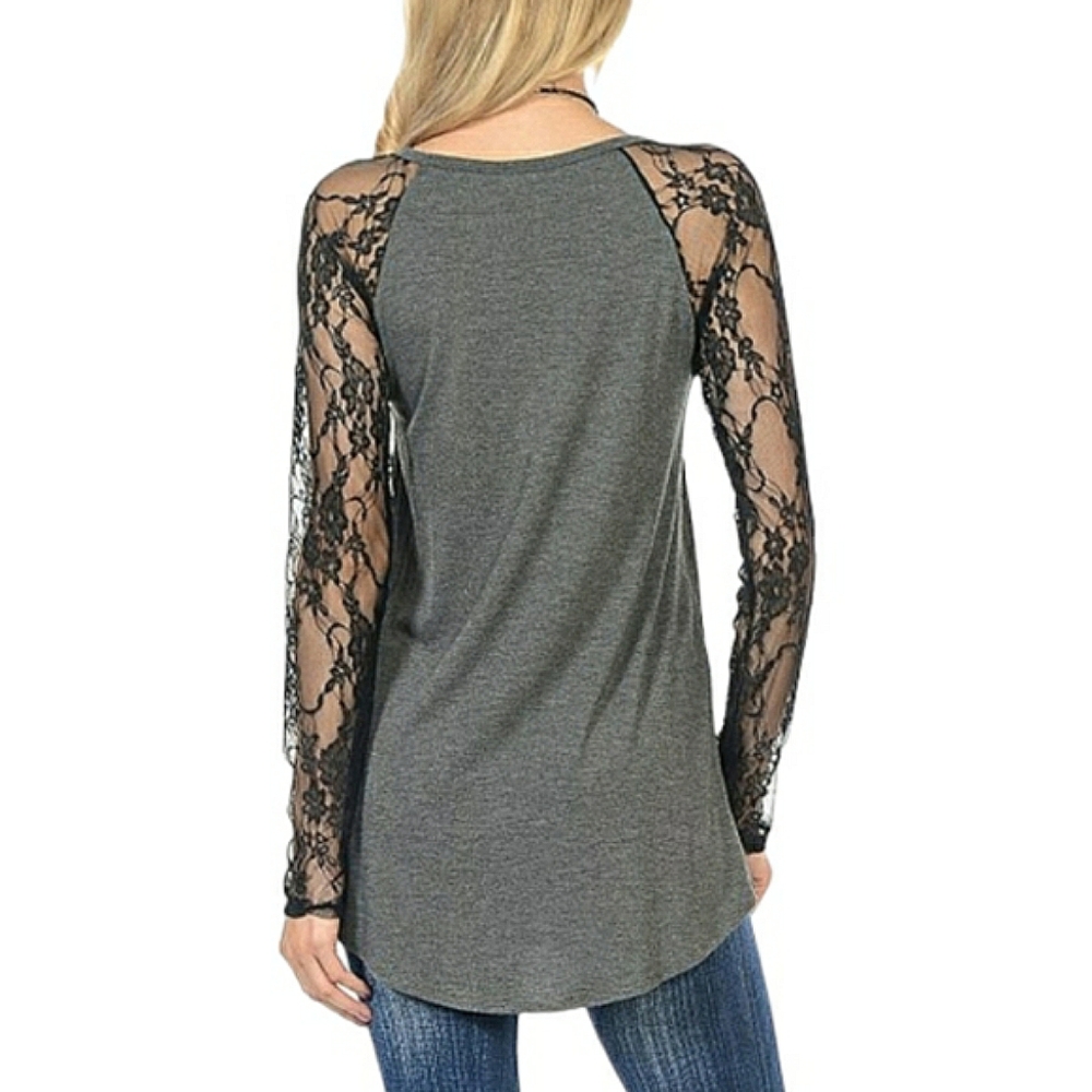 Goo Yoo Sheer Floral Black Lace Raglan Sleeves High Low Hem Gray Tunic Top M/L - Picture 2 of 16